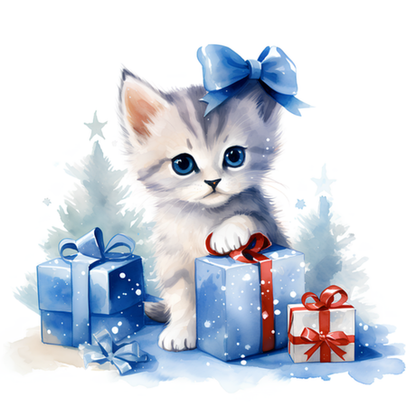 Nadruk Świąteczny kociak na niebiesko - Przód